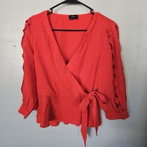 Milk & Honey Women's Medium Red Orange Faux Wrap Top Lace Quarter Sleeves Peplum